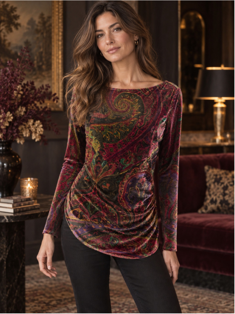 Lauren Ralph Lauren Top Women L Velvet Paisley Whimsigoth Y2K Maximal Burgundy